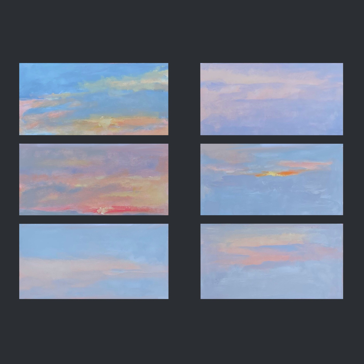 Six small paintings of skies at sunset arranged in a grid