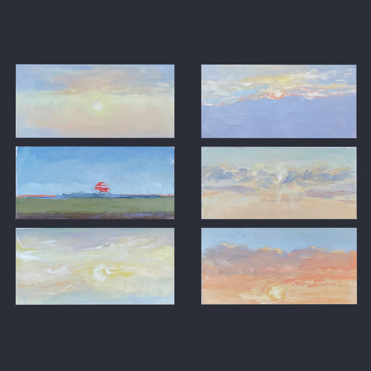 Six small paintings of skies and quiet horizons arranged in a grid