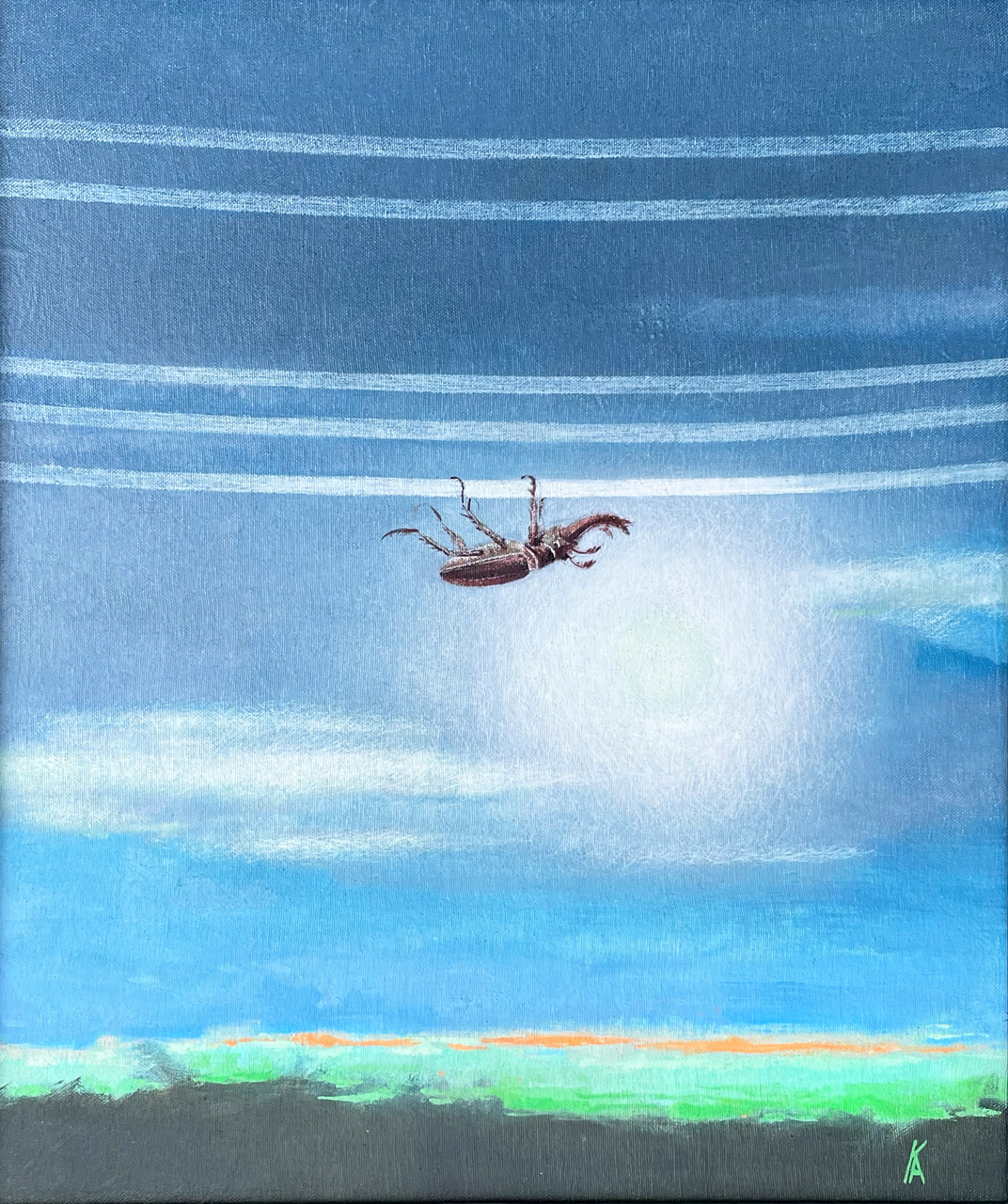 A small suspended figure floats between horizontal bands of blue sky