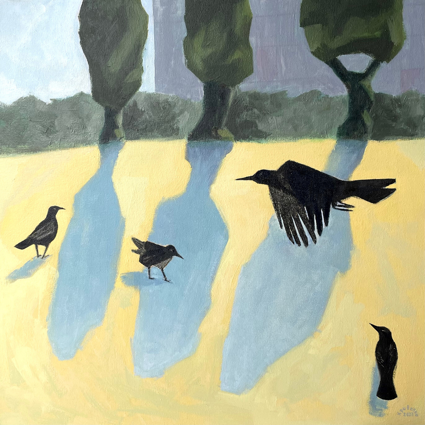 Four black birds cross a pale yellow field beneath long tree shadows
