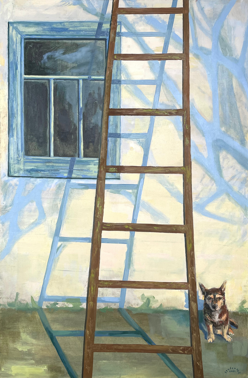 A tall ladder casts shadows across a pale wall beside a blue window and small animal