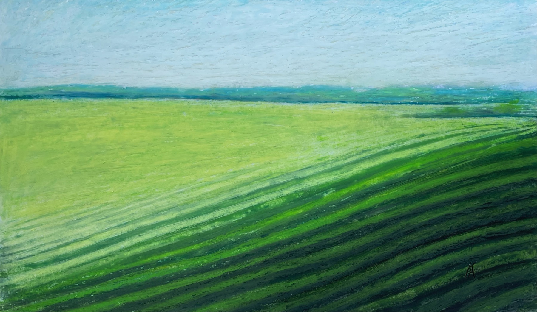 A broad green field sweeps toward a low blue horizon beneath a pale textured sky