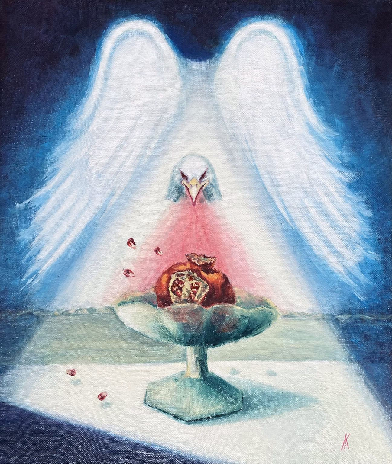 Luminous white wings hover above a pomegranate in a dreamlike blue interior