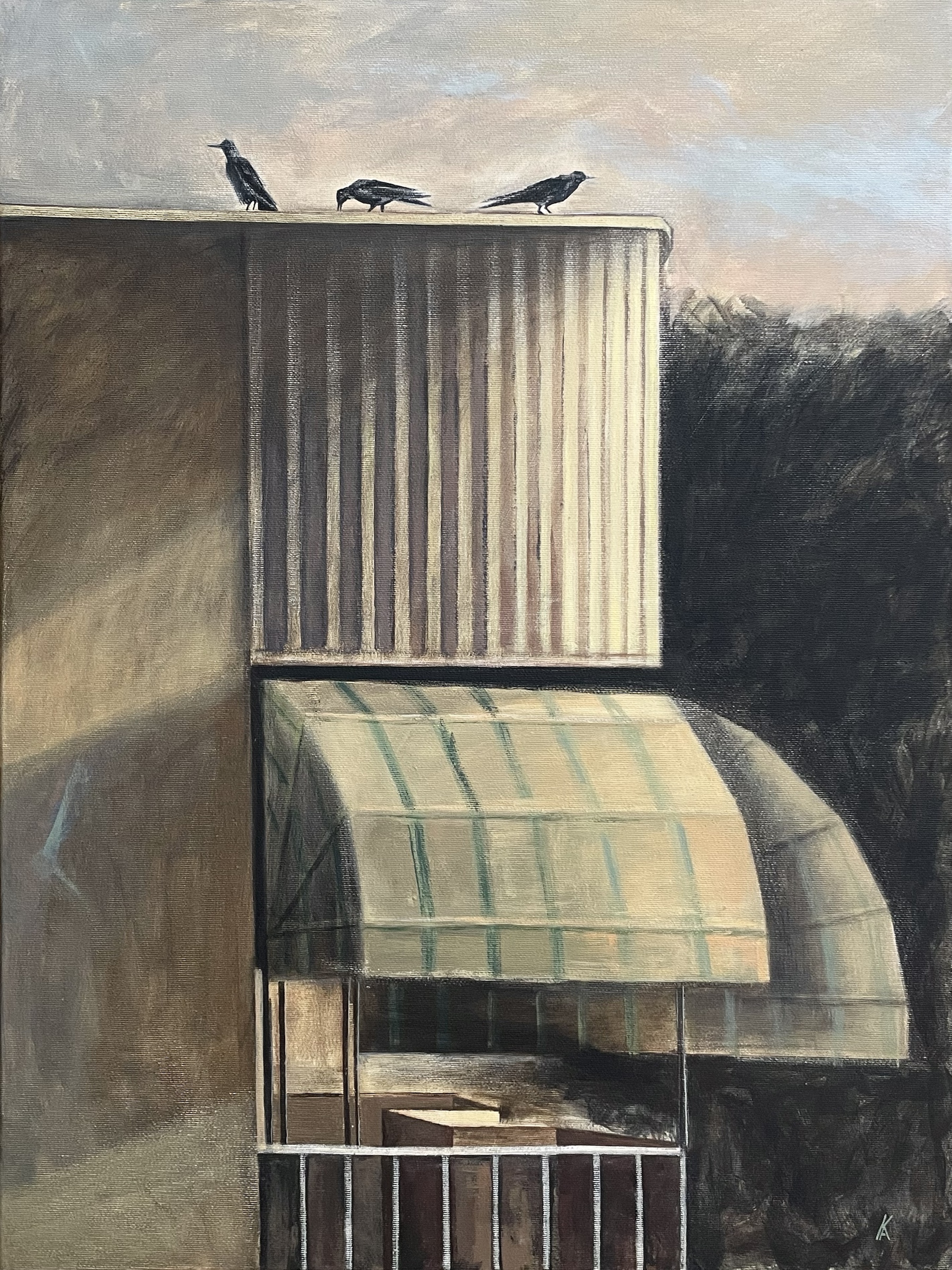 Three black crows perch on the roofline of a monumental building beneath a pale evening sky