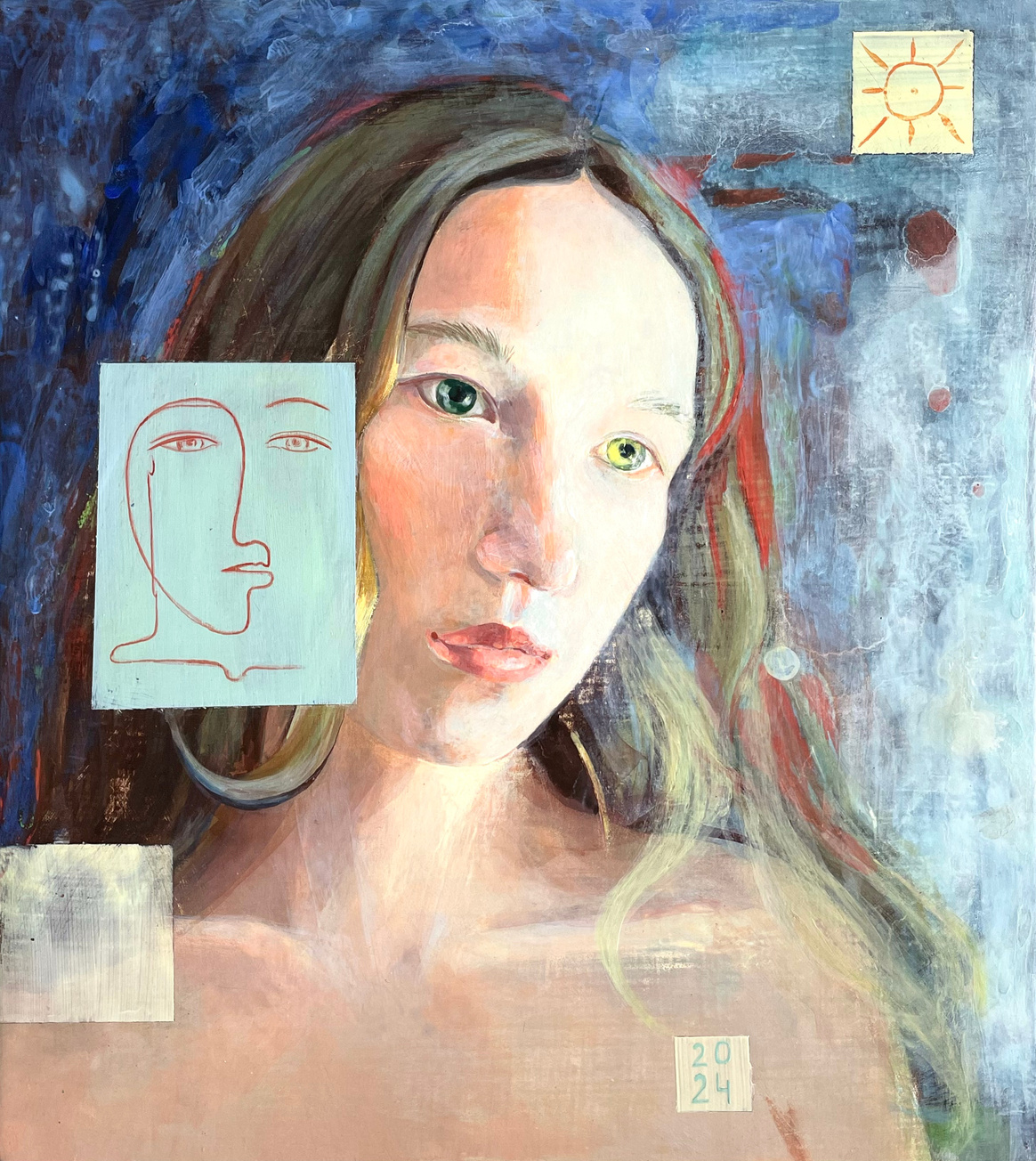 Painted self-portrait of Anastasiia with translucent geometric motifs