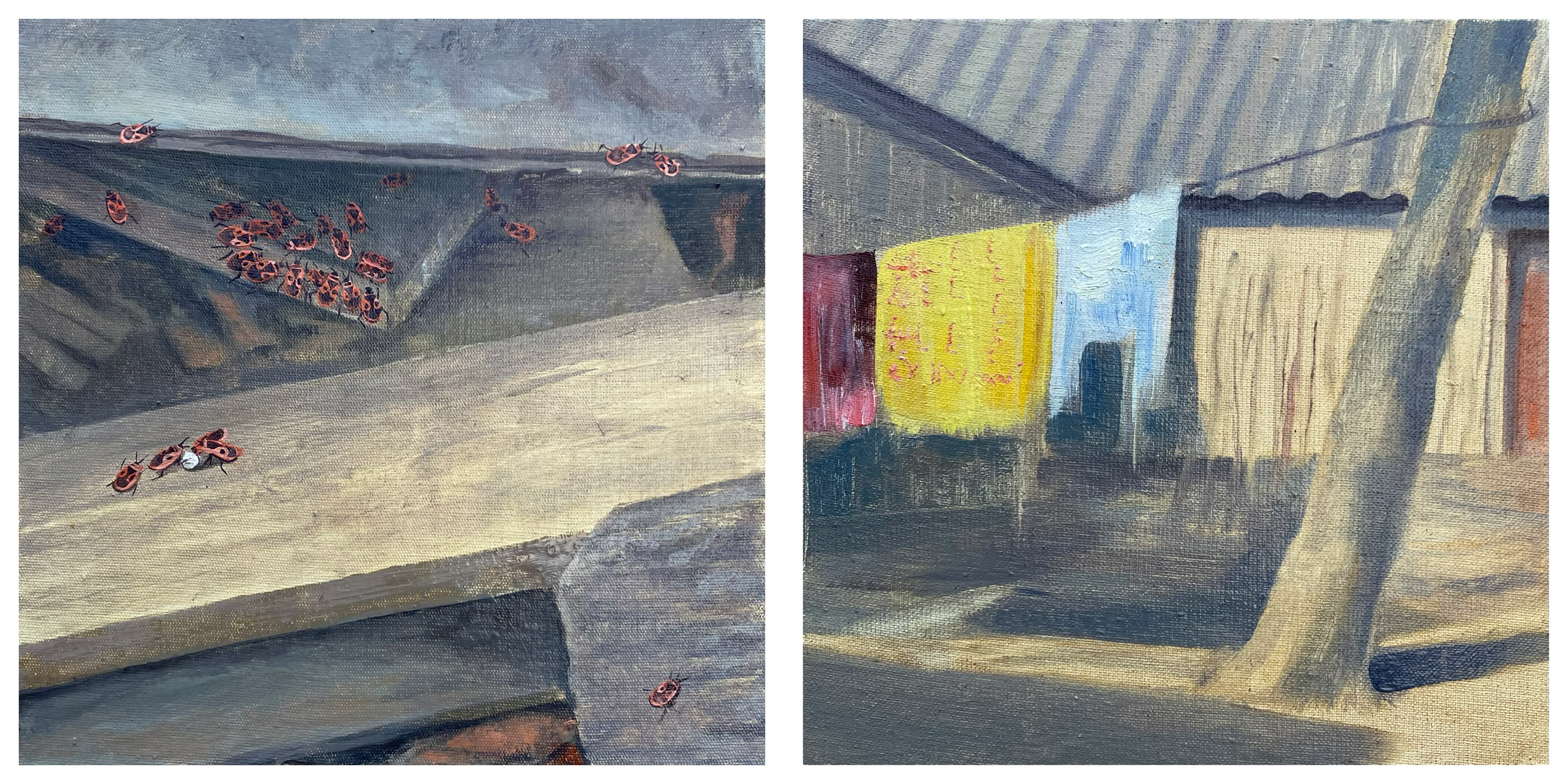 Two adjacent paintings: red firebugs gather across a roof while laundry and architecture cast long shadows