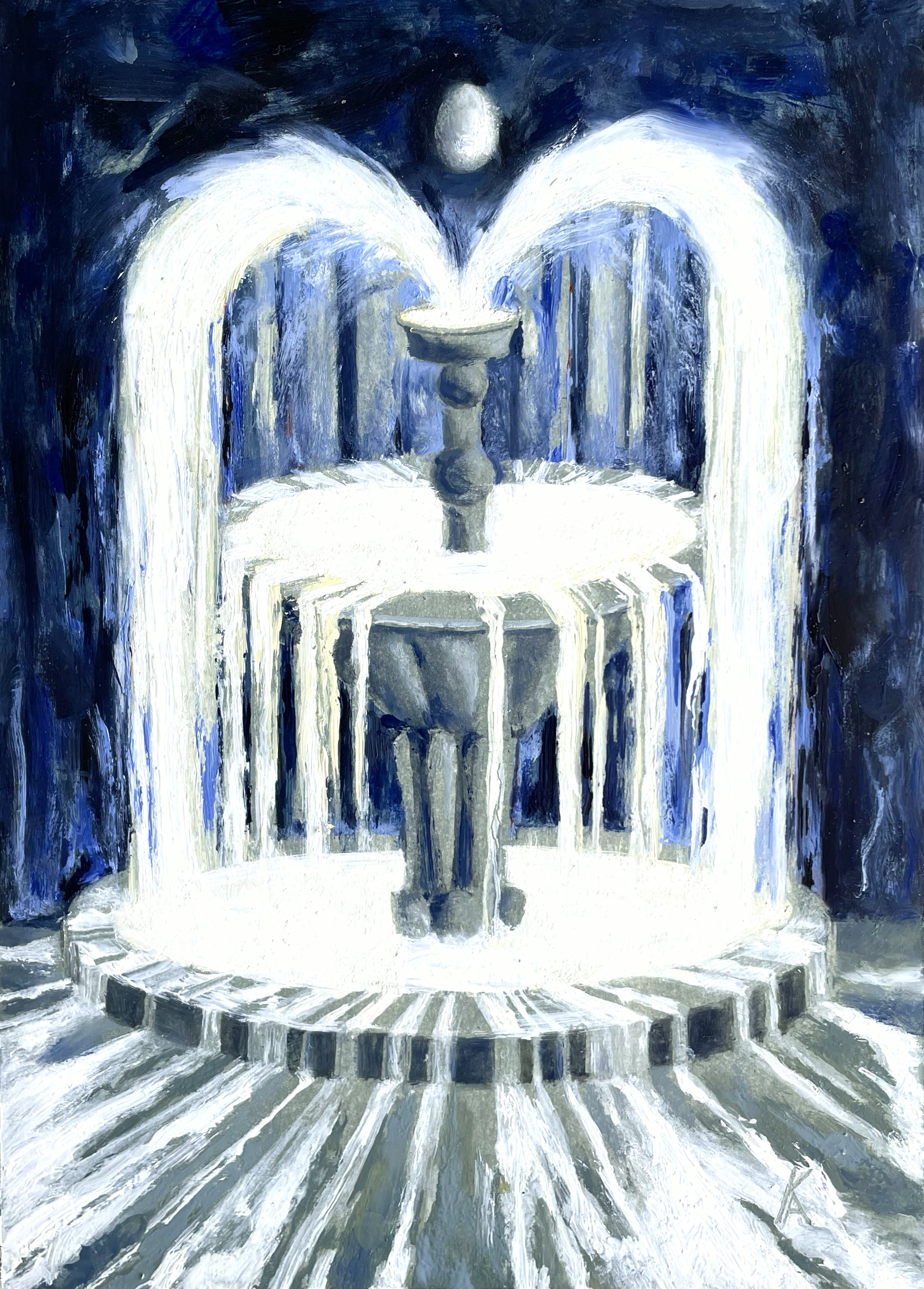 A nocturnal blue architectural interior with glowing arches and a central fountain