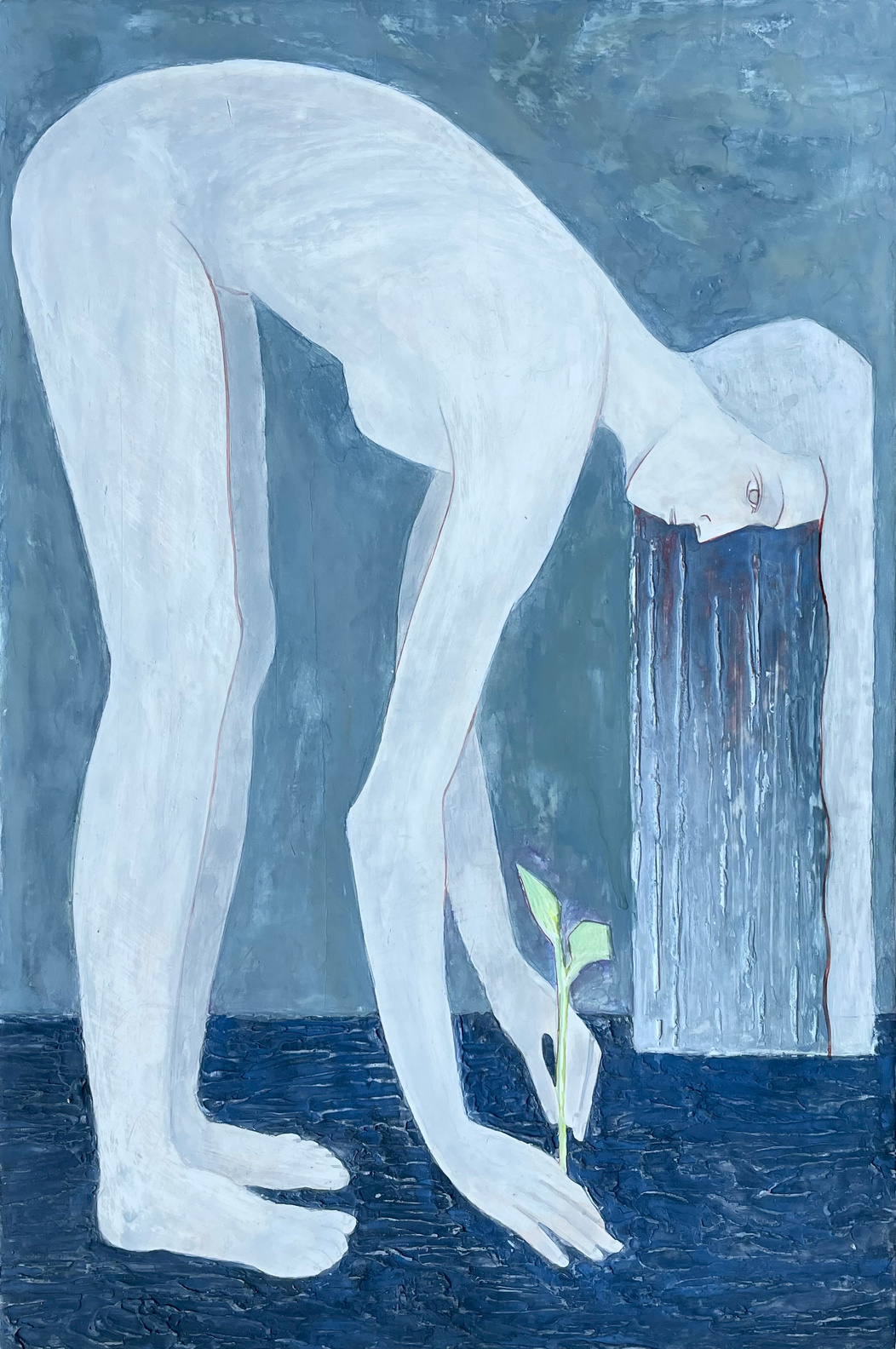 A pale figure bends over a tiny green shoot against a blue ground